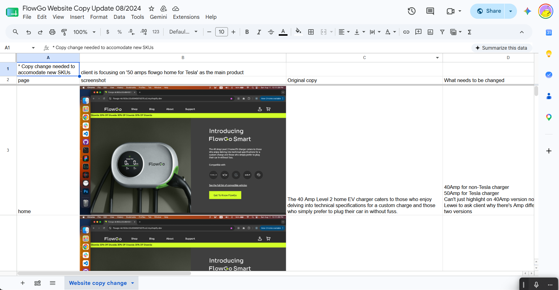 FlowGo website copy and SEO planning spreadsheet showing page-level original copy and required updates