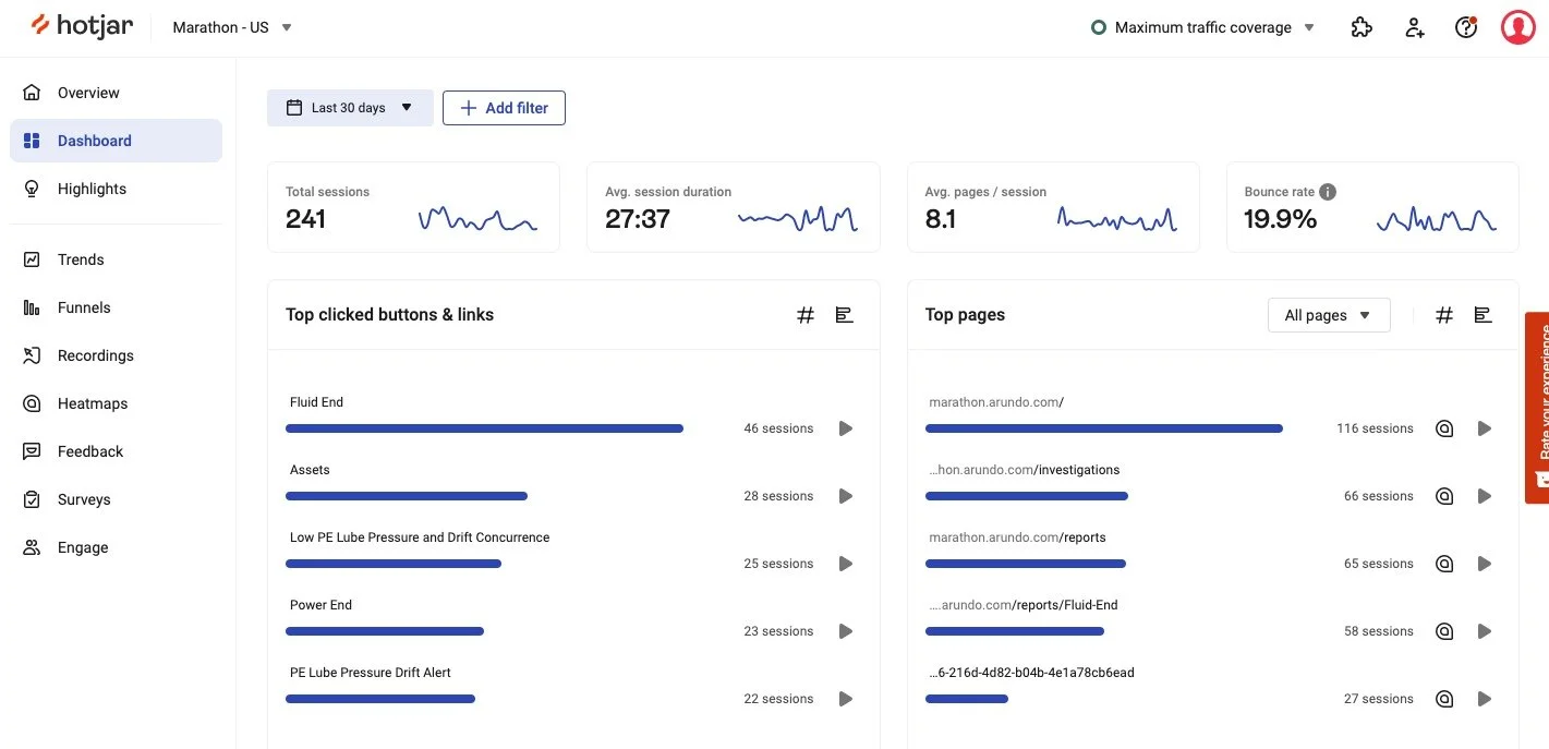 Hotjar product analytics view tracking Marathon user behavior after launch