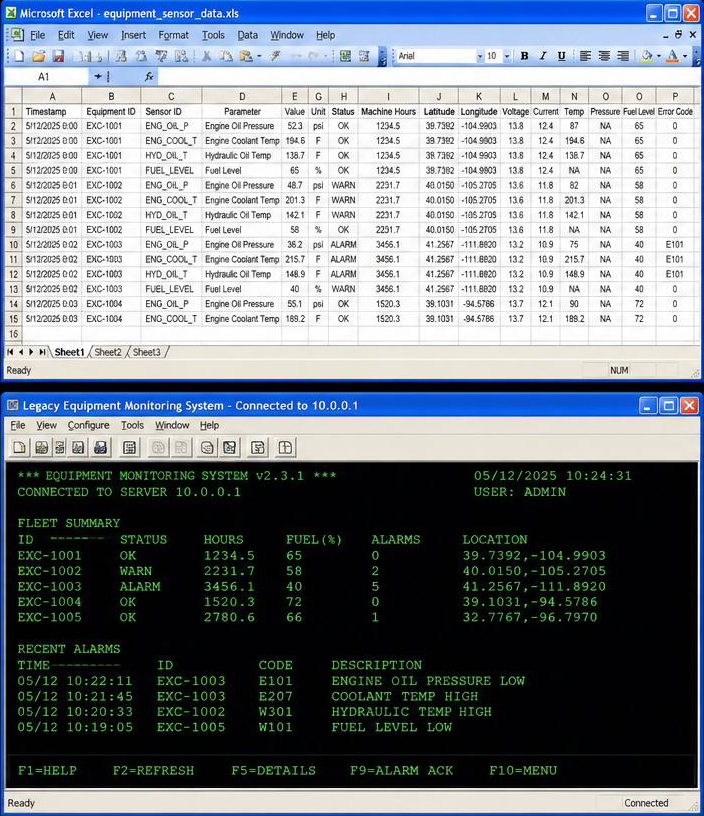 Legacy Excel sensor spreadsheet and green-screen monitoring terminal