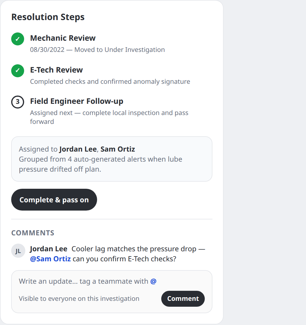 Resolution steps with comments composer for tagging coworkers