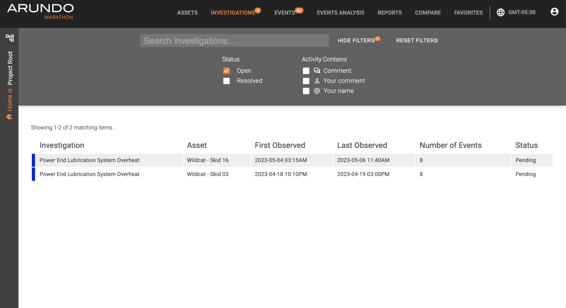 Before: Investigations page with crowded top navigation