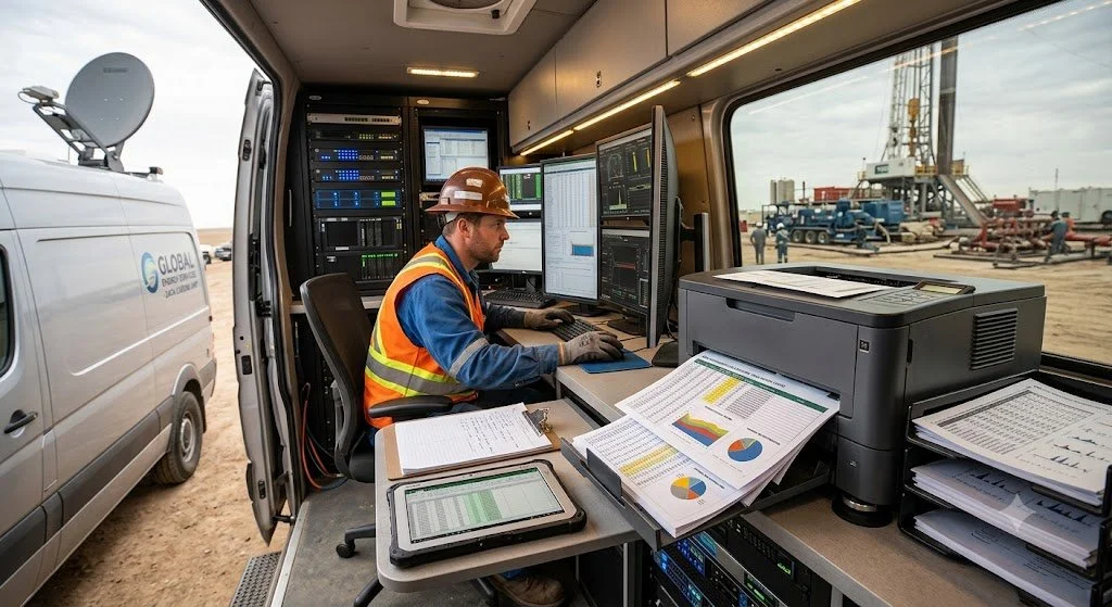 Field engineer working inside a mobile data van with monitors and field equipment