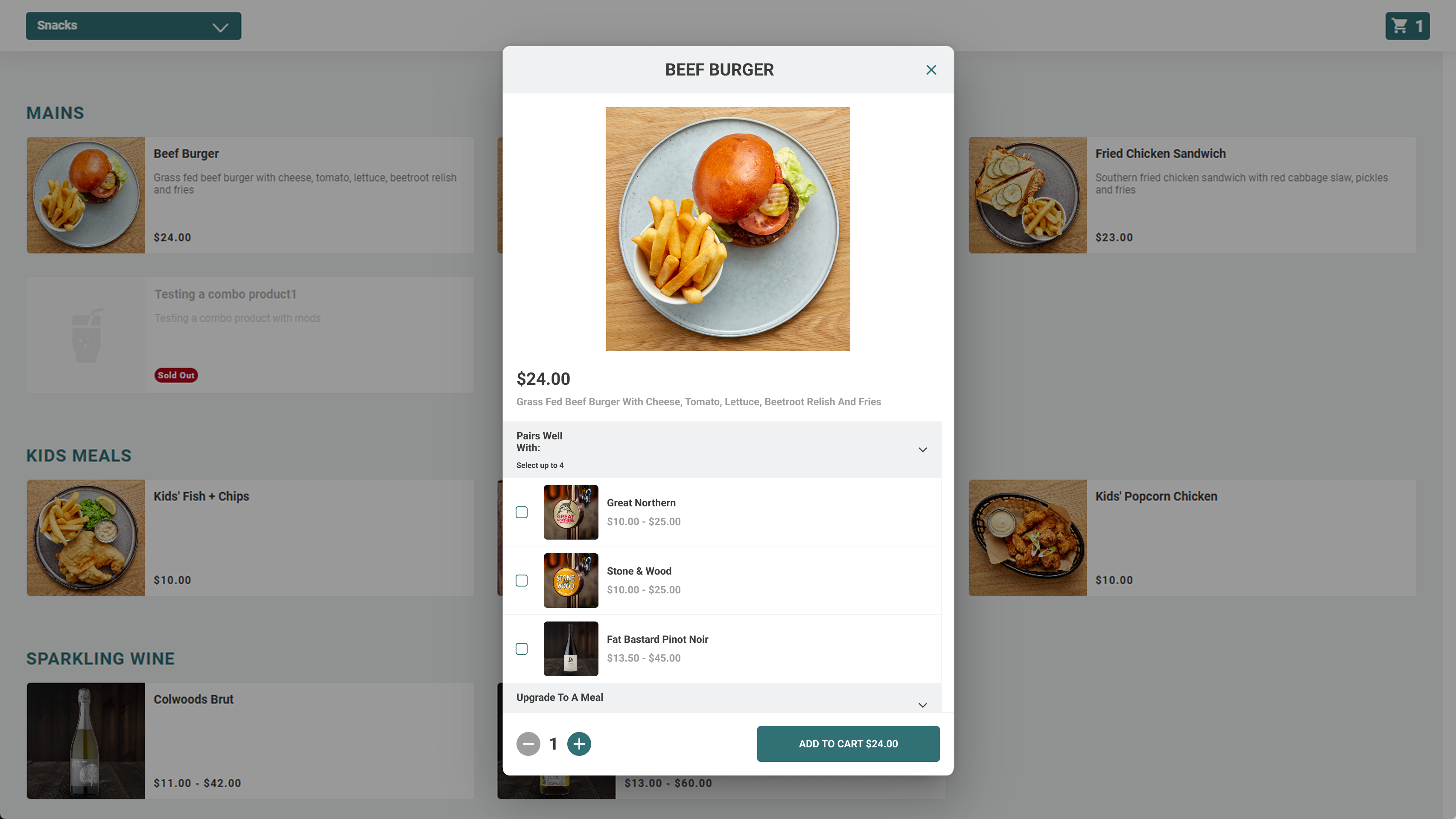 Desktop product modal for beef burger with pairs-well add-ons and add to cart