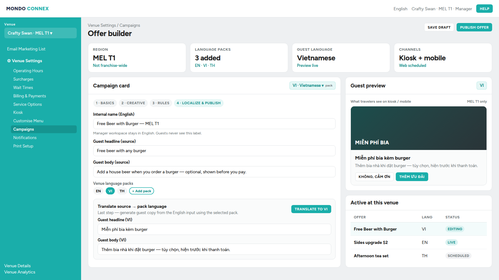 Offer builder with language pack selector, translate step, and Vietnamese guest preview