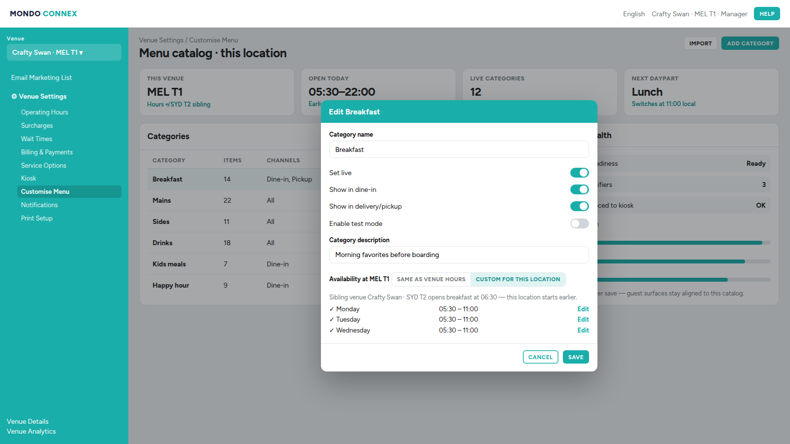 Menu catalog for Crafty Swan MEL T1 with location-specific breakfast hours