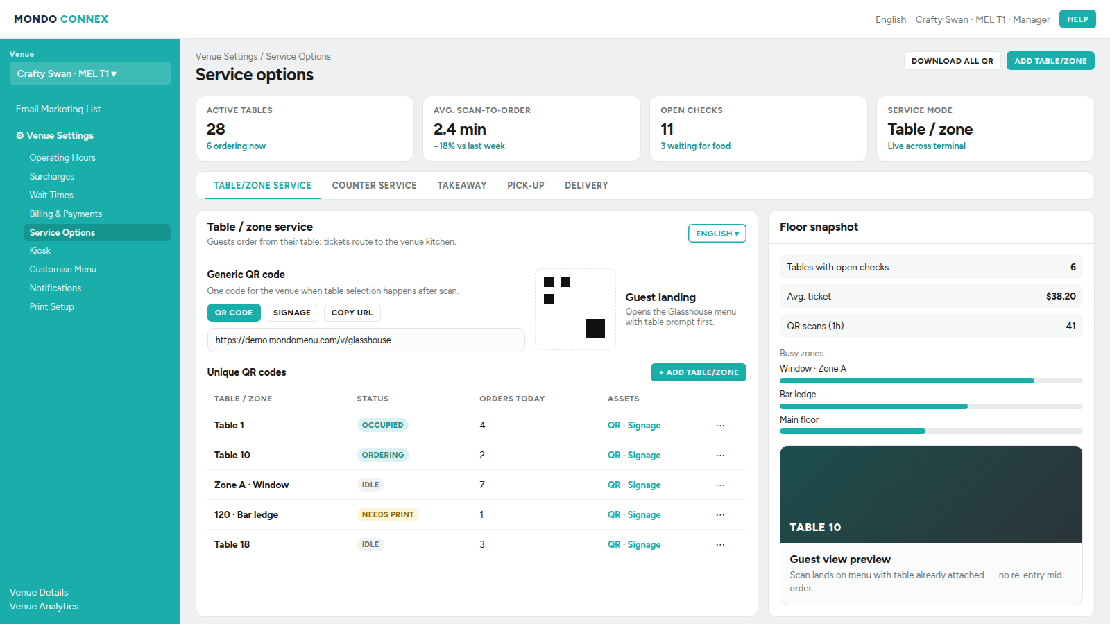 Service options dashboard with table QR codes and floor snapshot