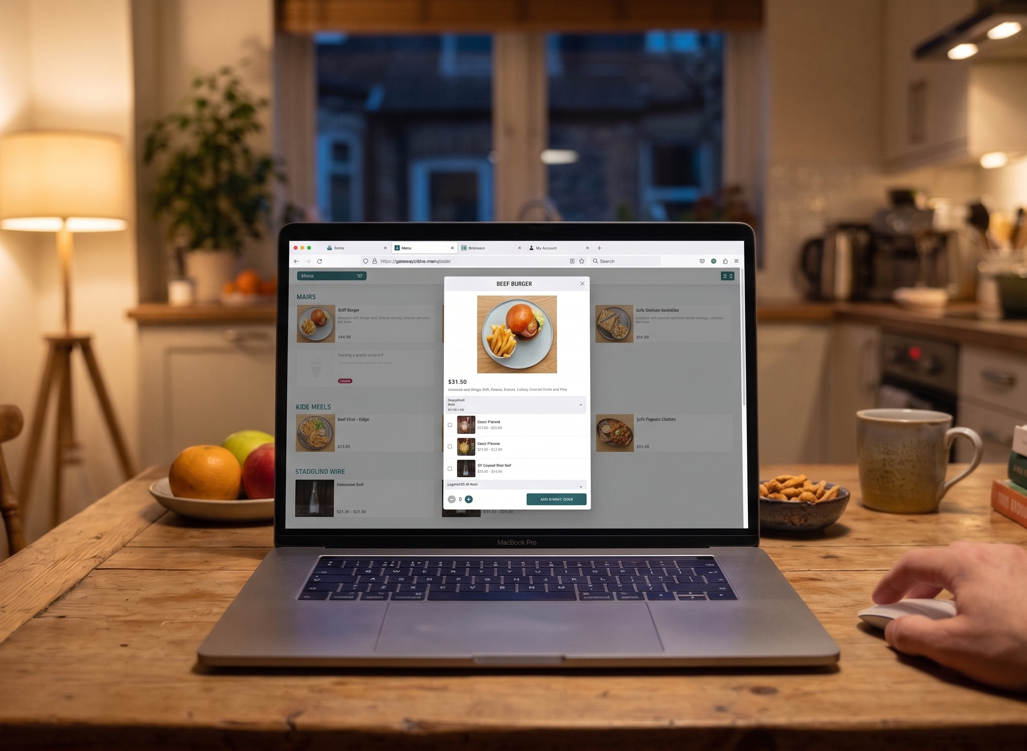 Laptop showing Mondo Connex desktop menu with a burger customization modal