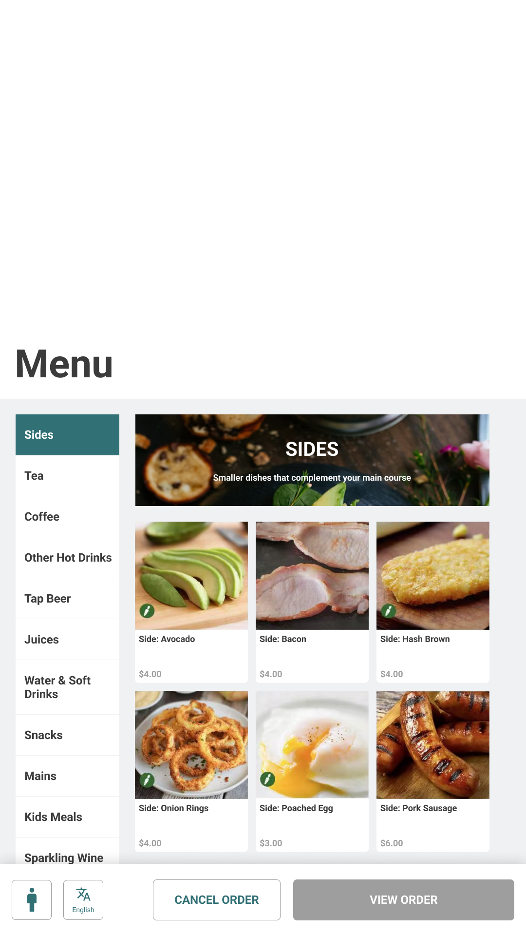 Kiosk sides menu showing language and accessibility controls together