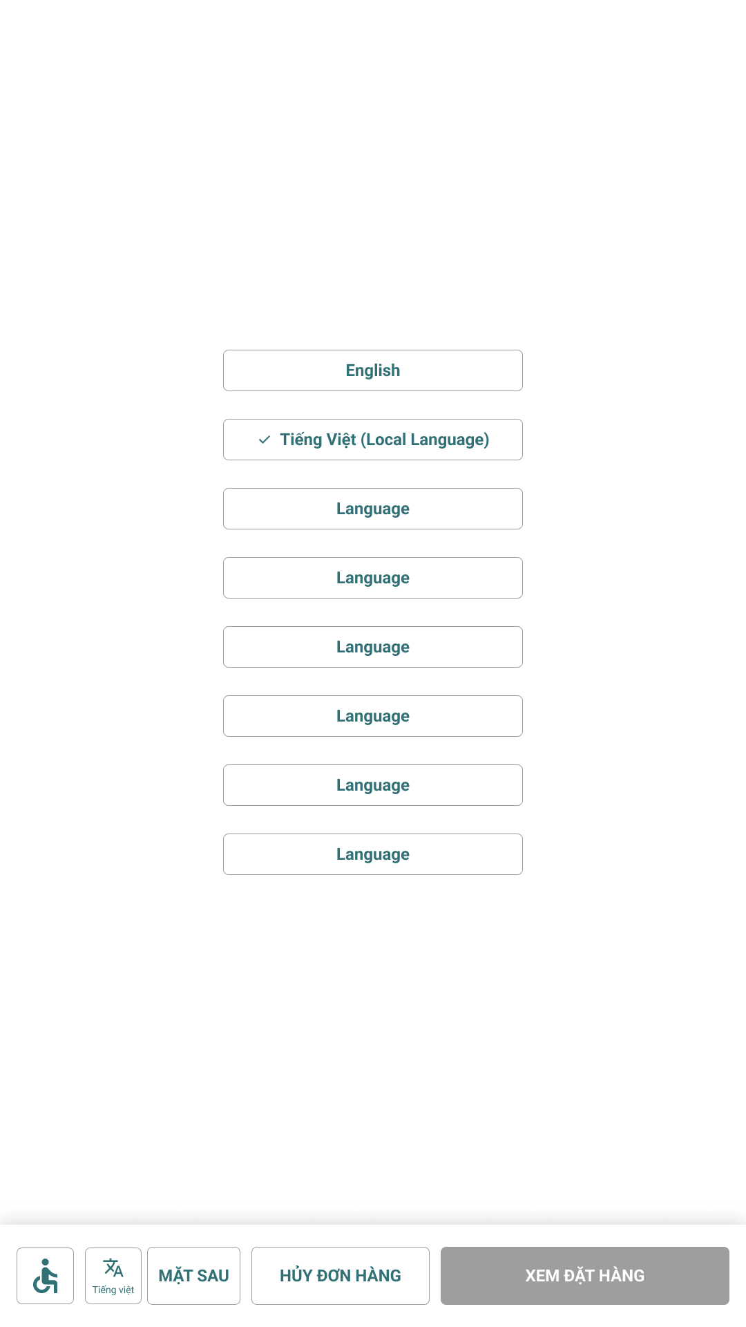 Kiosk language picker with Vietnamese selected and localized footer actions