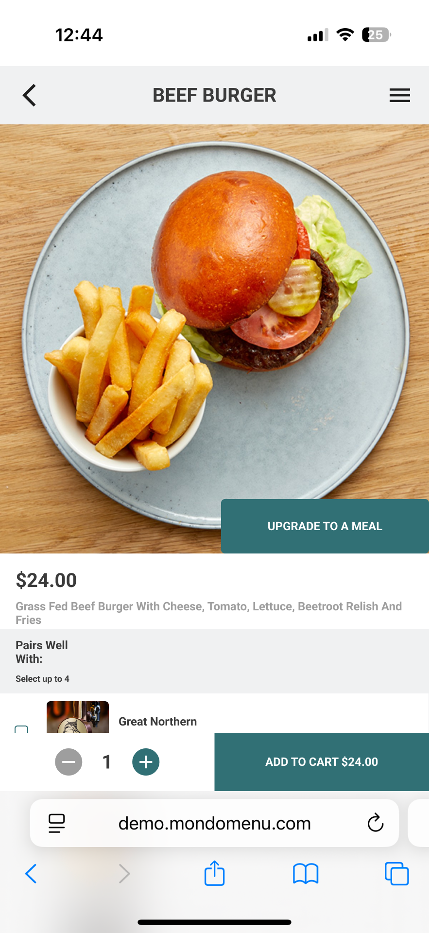Mobile beef burger item detail with upgrade and pairs-well options