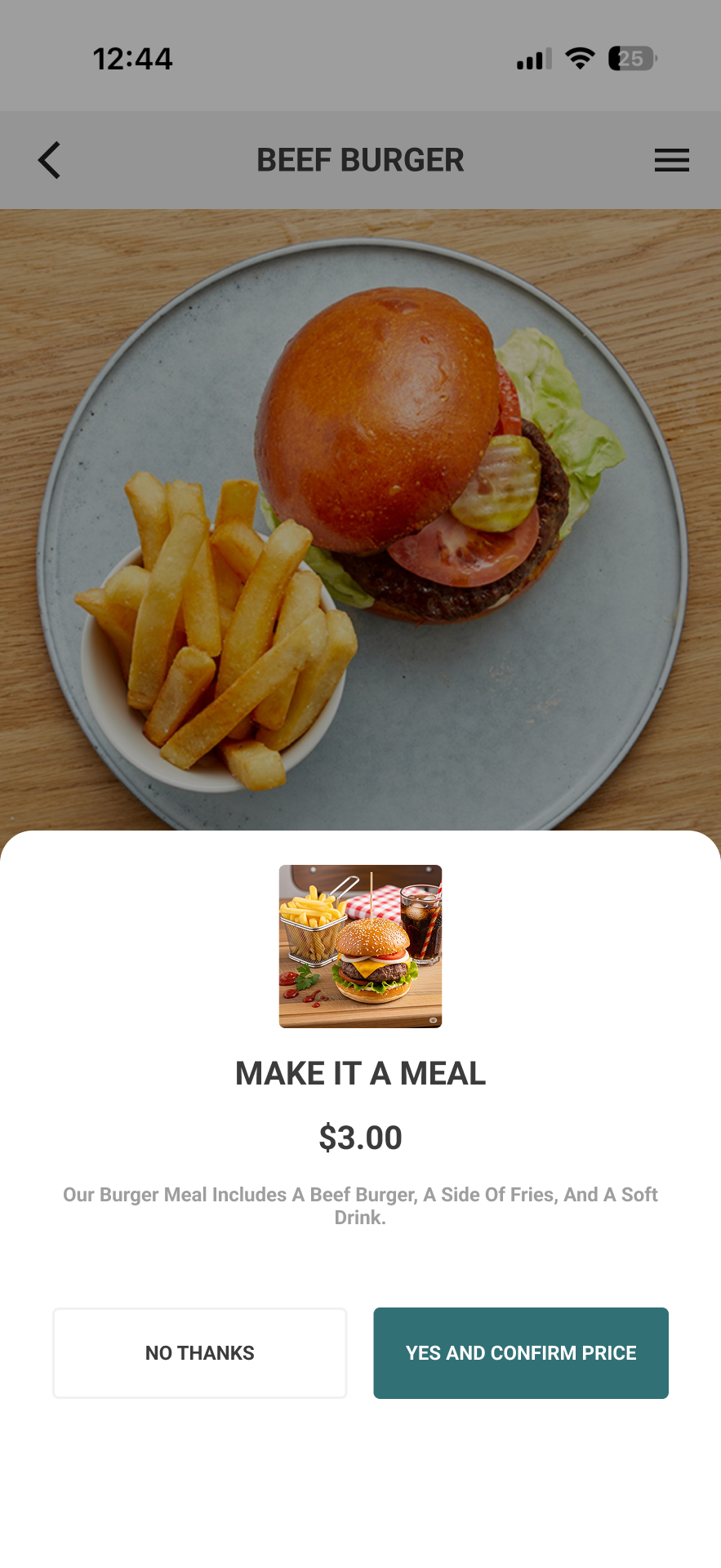 Mobile make-it-a-meal upgrade sheet with clear yes and no paths