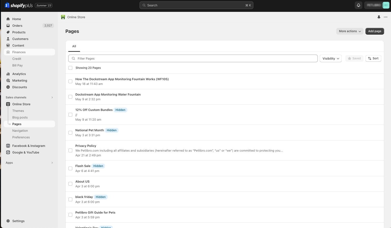 Shopify pages list of past Petlibro campaign landing pages