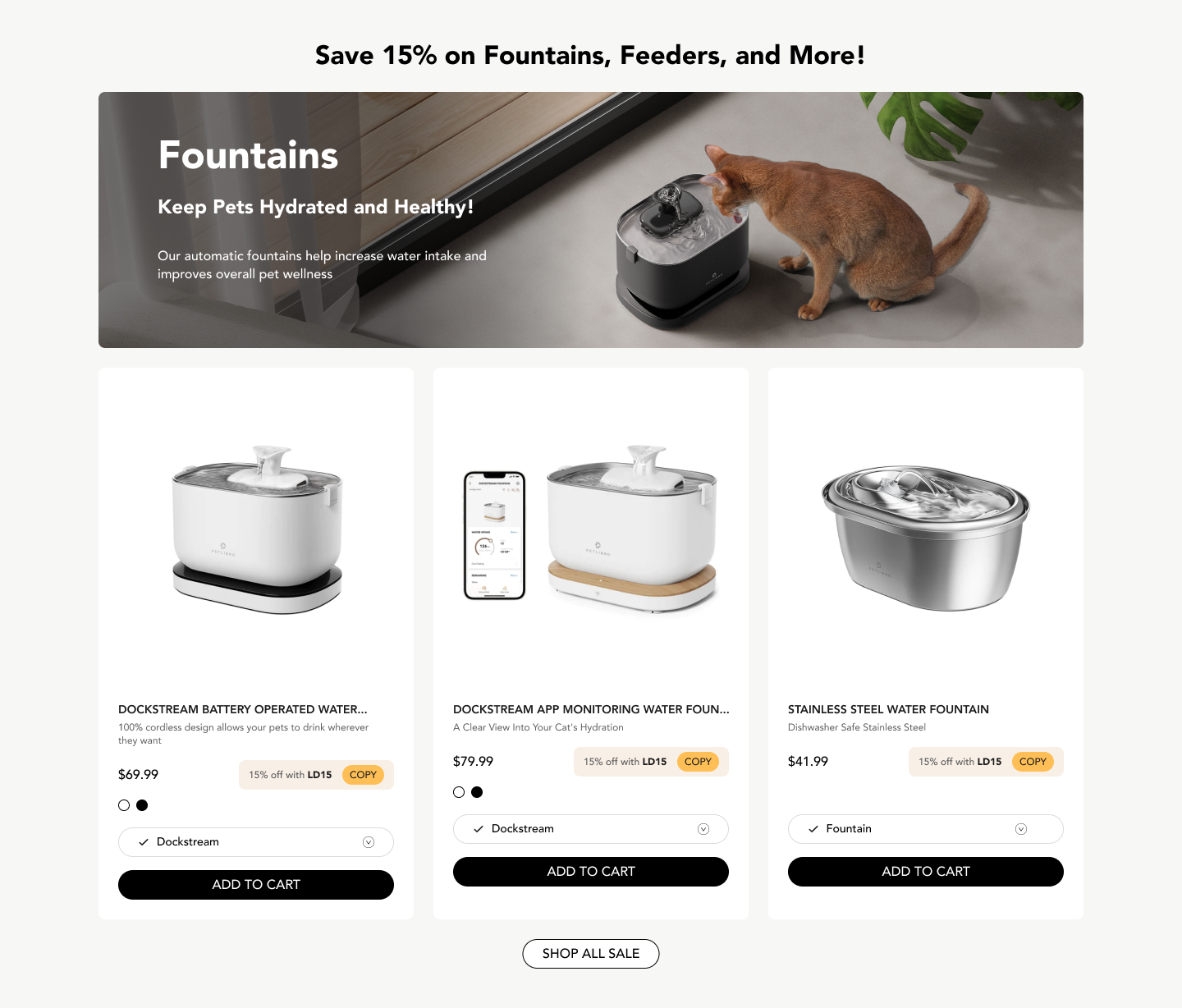 Petlibro fountains category with three product cards and short category info
