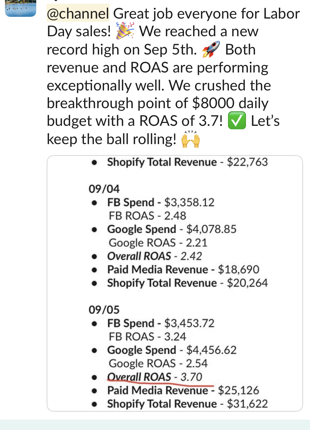 Internal feedback celebrating record Labor Day sales, revenue, and ROAS