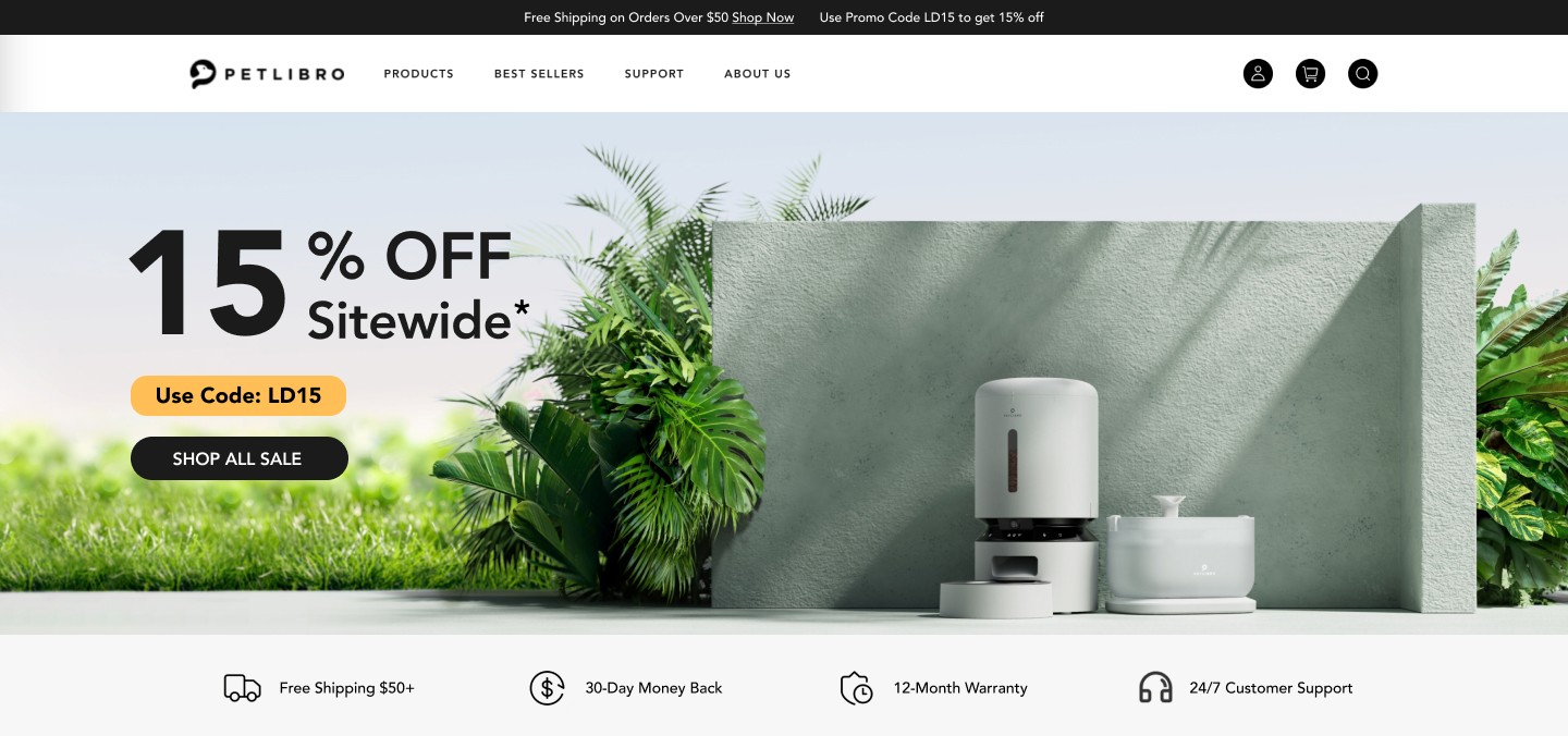 Petlibro landing page hero with rolling promotional banner and trust bar