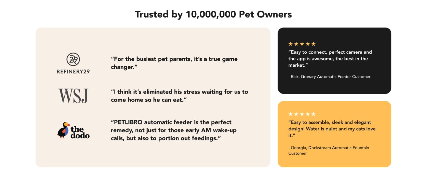 Trusted by pet owners section with press quotes and customer reviews